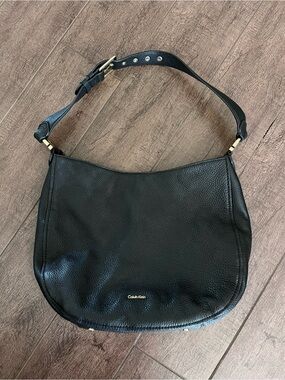 Calvin Klein Black Pebbled Leather Hobo with Gold Accents